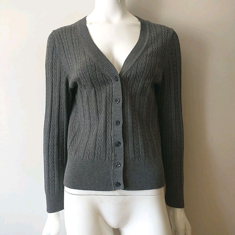 Tommy Hilfiger Cardigan Sweater Womens M/S*Gray Cable Knit Cotton Button V Neck
